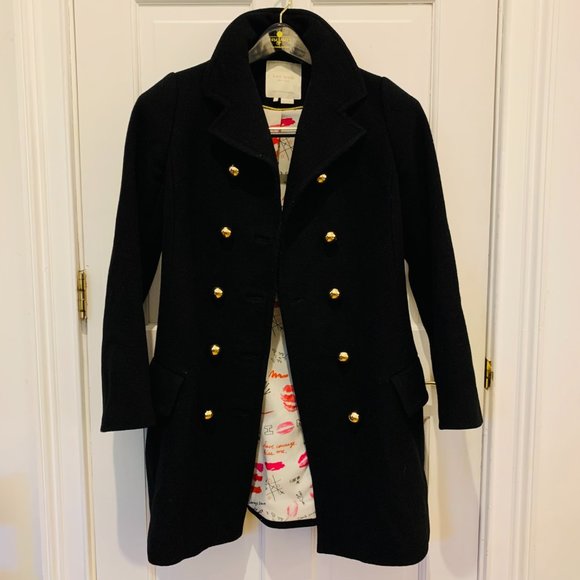 Kate Spade Black Long Peacoat Wool Blend Size 4 Jacket Coat